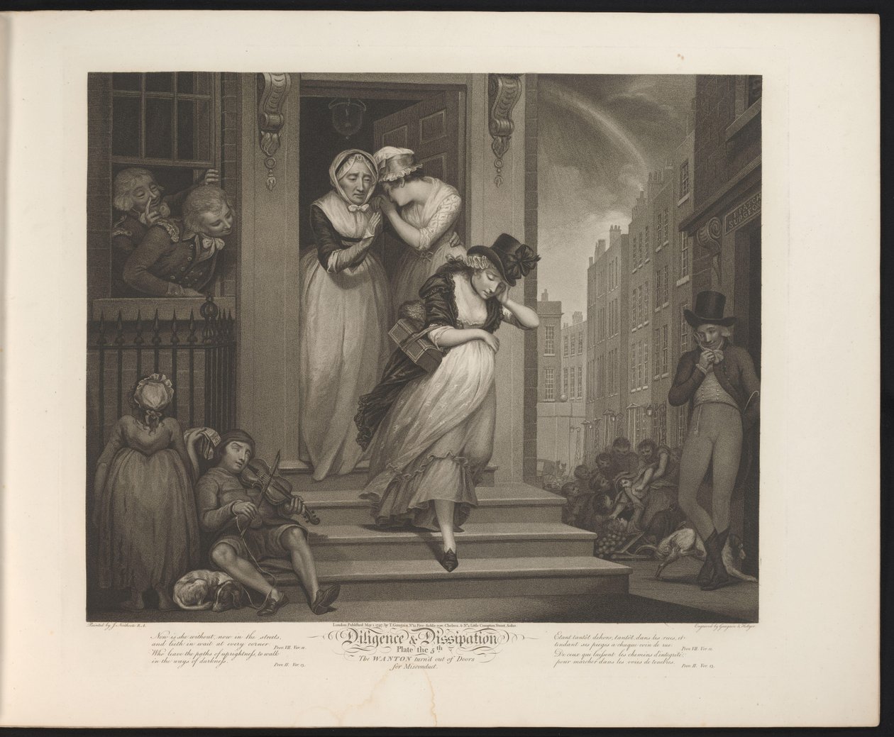 Upplösande hembiträde blir utslängd ur huset Tavla 5. The Wanton vände sig utanför dörrarna för tjänstefel (titel på objekt) Virtue and Debauchery (serietitel) Diligence & Dissipation (serietitel på objekt) av Thomas Hellyer