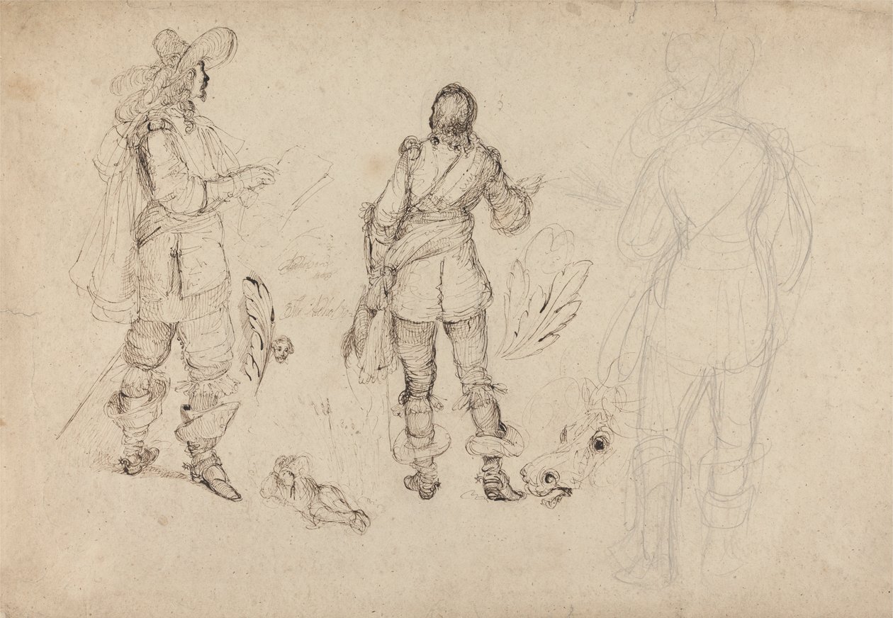 Sida med skisser av kavaljerer, hästhuvud och plymer av Thomas Henry Nicholson