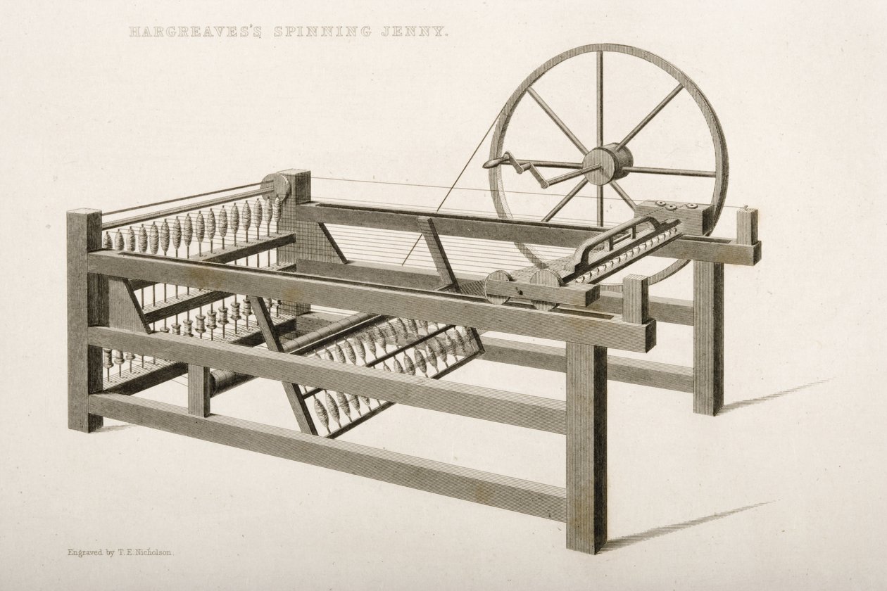 The Spinning Jenny, uppfann av James Hargreaves 1764, 1835 av Thomas Henry Nicholson
