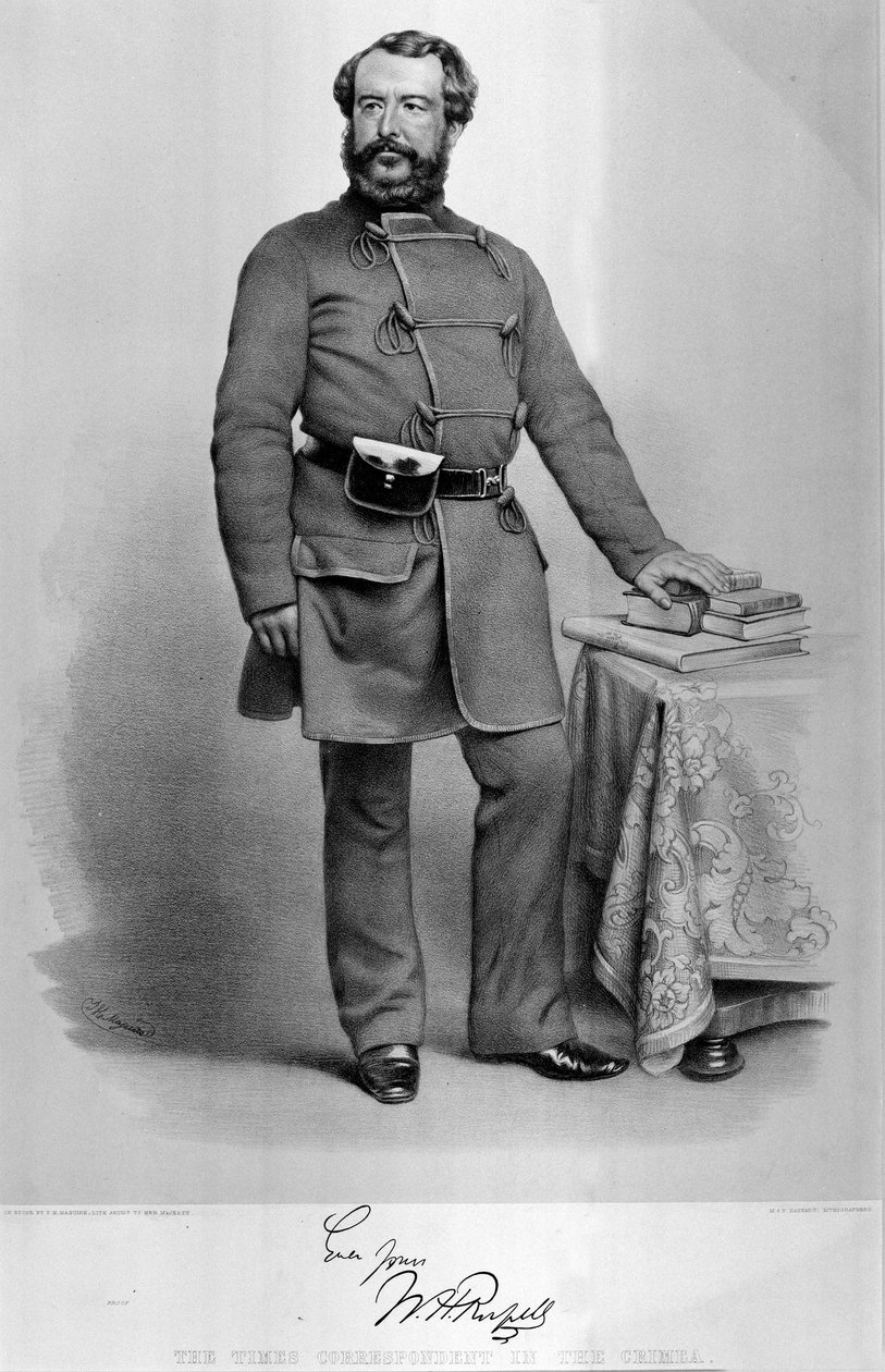 Porträtt av W.H. Russell (1820-1907) The Times Correspondent in the Crimea, med en faksimil av sin autograf, publicerad 1855 av Thomas Herbert Maguire