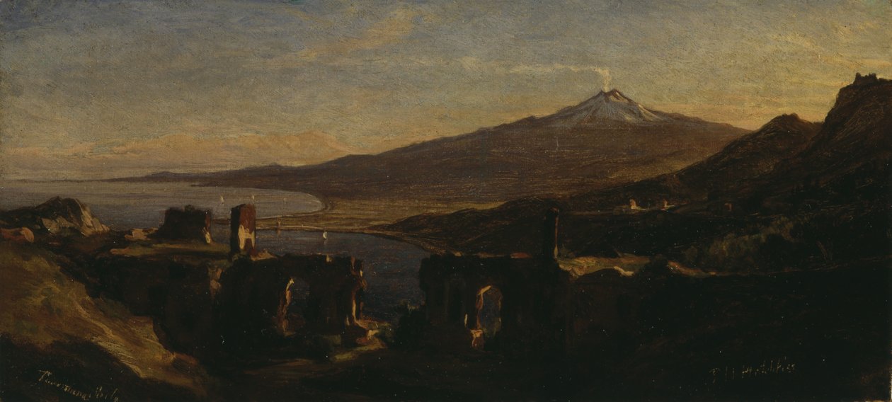 Utsikt från ruinerna av den grekiska teatern i Taormina, Sicilien, med Etna (Rökning) av Thomas Hiram Hotchkiss