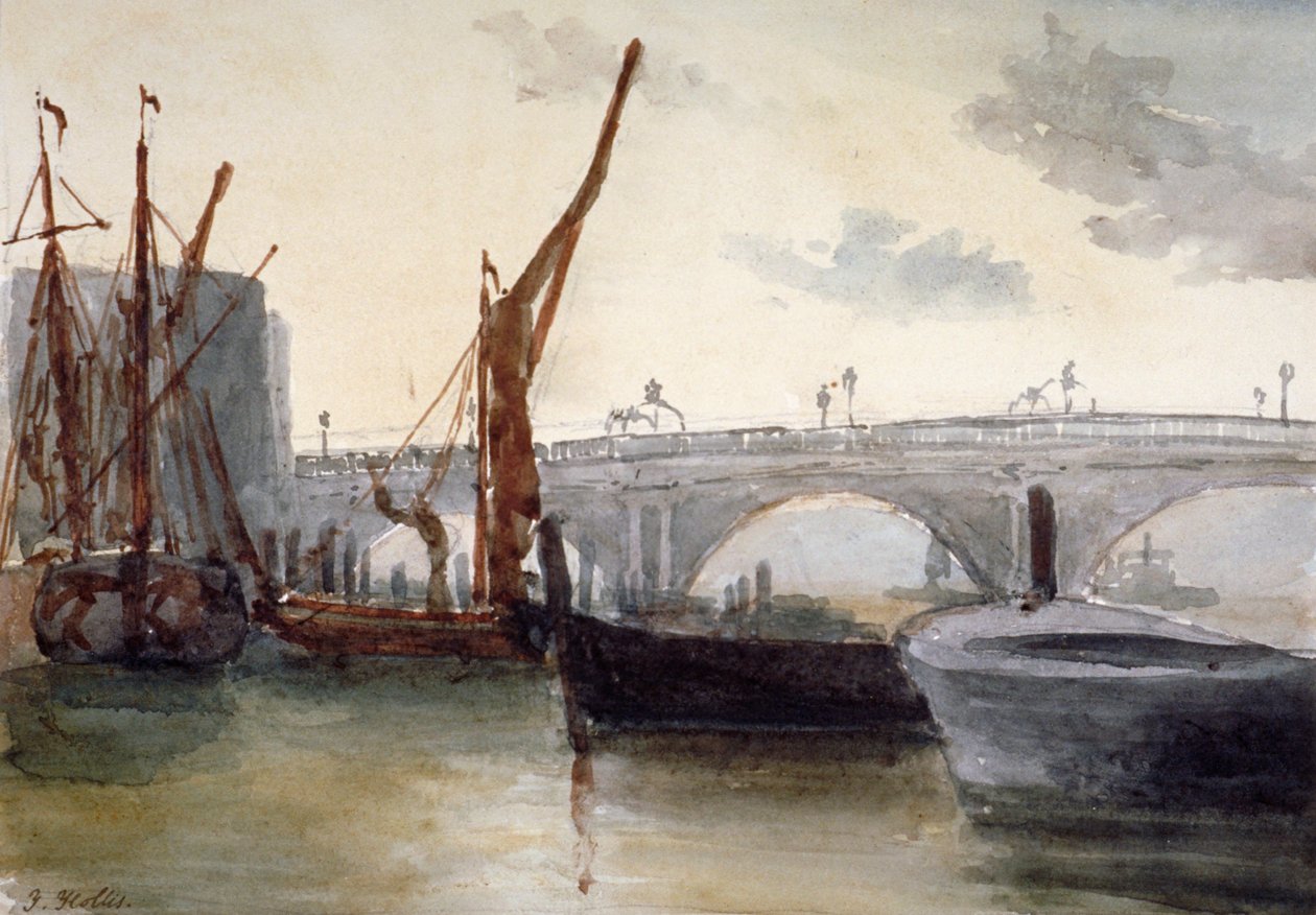 Vy över Blackfriars Bridge, med båtar i förgrunden, London, c1835 av Thomas Hollis