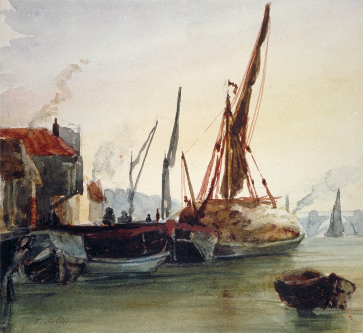Vy över båtar förtöjda vid Themsen vid Bankside, Southwark, London, c1830. av Thomas Hollis