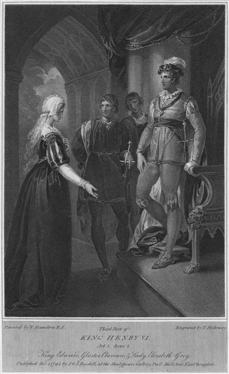 Tredje delen av kung Henrik VI. Akt 3. Scen 2. King Edward, Gloucester, Clarence & Lady Elizabeth Gre av Thomas Holloway