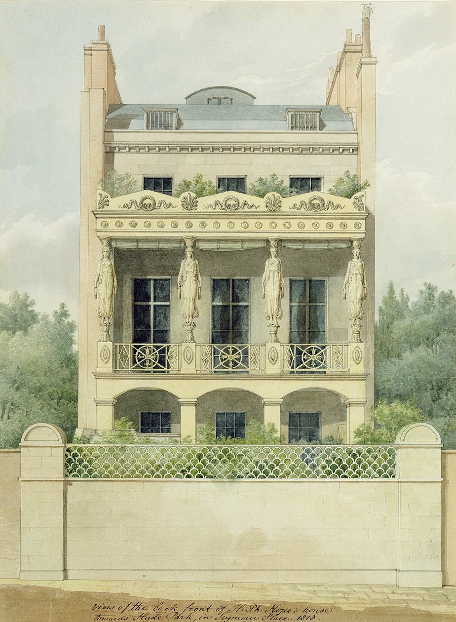Utsikt över baksidan av Henry Phillip Hopes hus mot Hyde Park i Seymour Place, 1818 (penna & bläck och wc över grafit på papper) av Thomas Hope