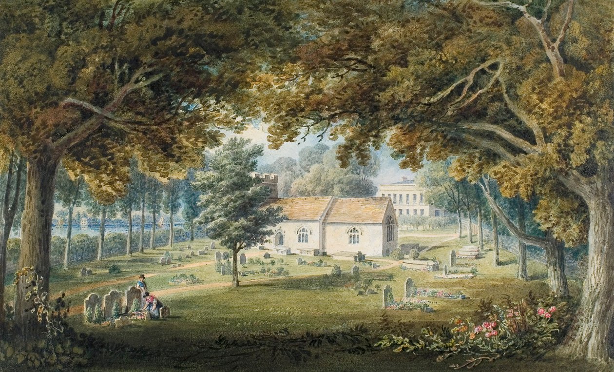 Briton Ferry, kyrkogård (akvarell, blyerts och gummi arabicum på papper) av Thomas Hornor