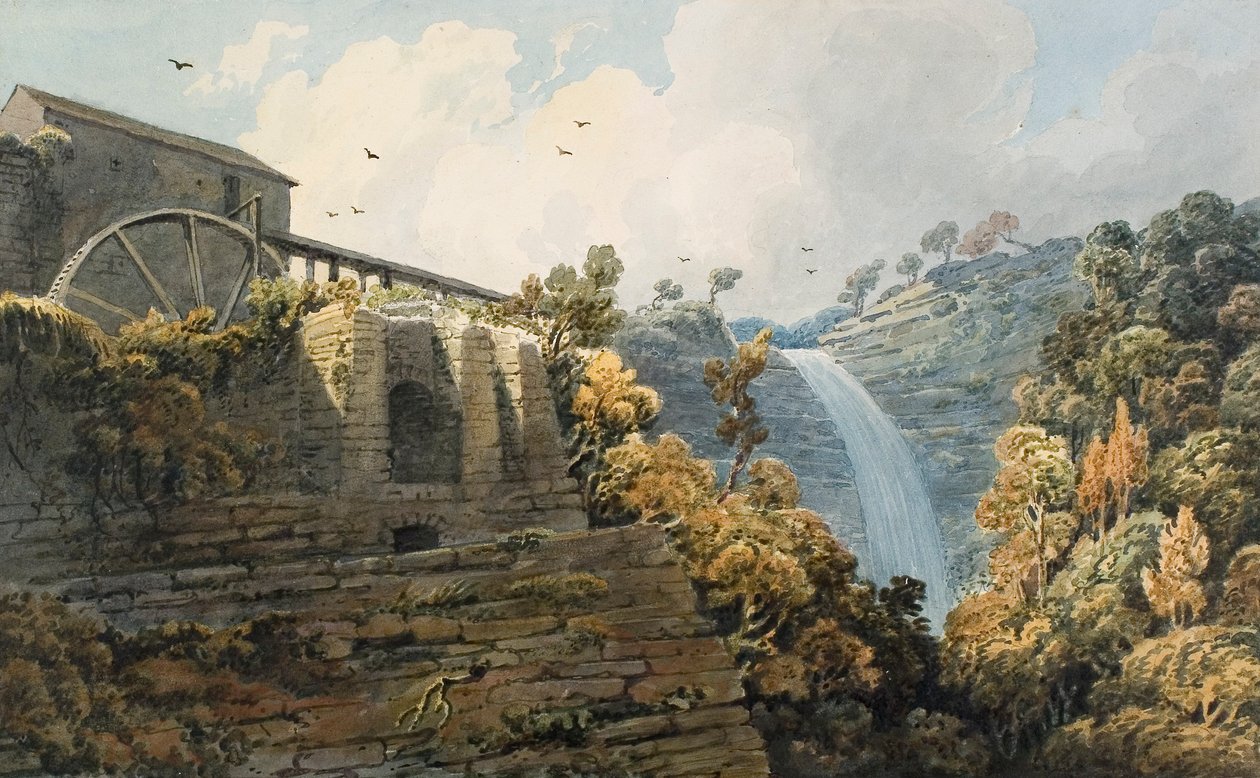 Kaskaden och ugnen i Melincourt (akvarell och blyerts på papper) av Thomas Hornor