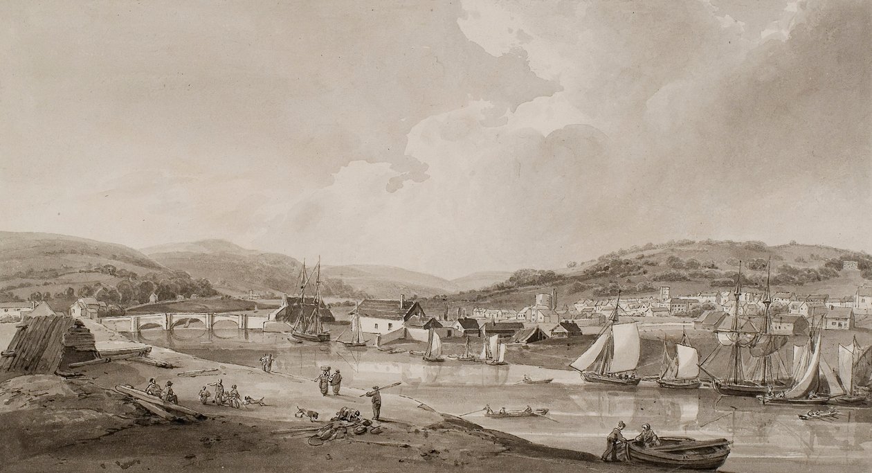 Neath, från södra sidan av floden (akvarell  blyerts på papper) av Thomas Hornor