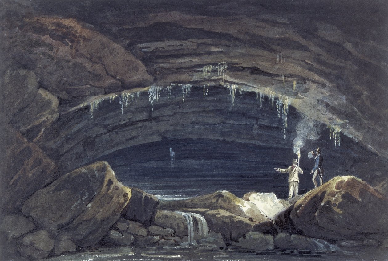 Öppnandet av grottan vid Porth yr Ogof (akvarell på papper) av Thomas Hornor