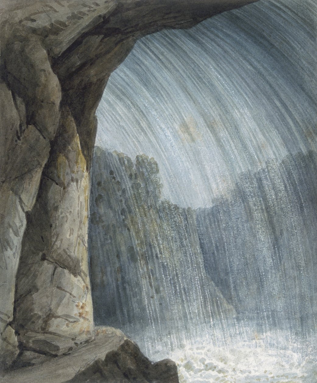 Under kaskaden (akvarell  krita på papper) av Thomas Hornor