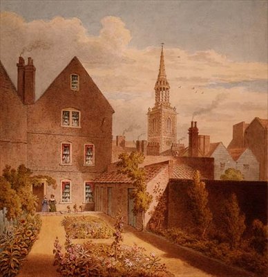 En vy över Mr Upcotts hus och trädgård med Islington Church in the Distance, ca 1835 (akvarell på papper) av Thomas Hosmer Shepherd
