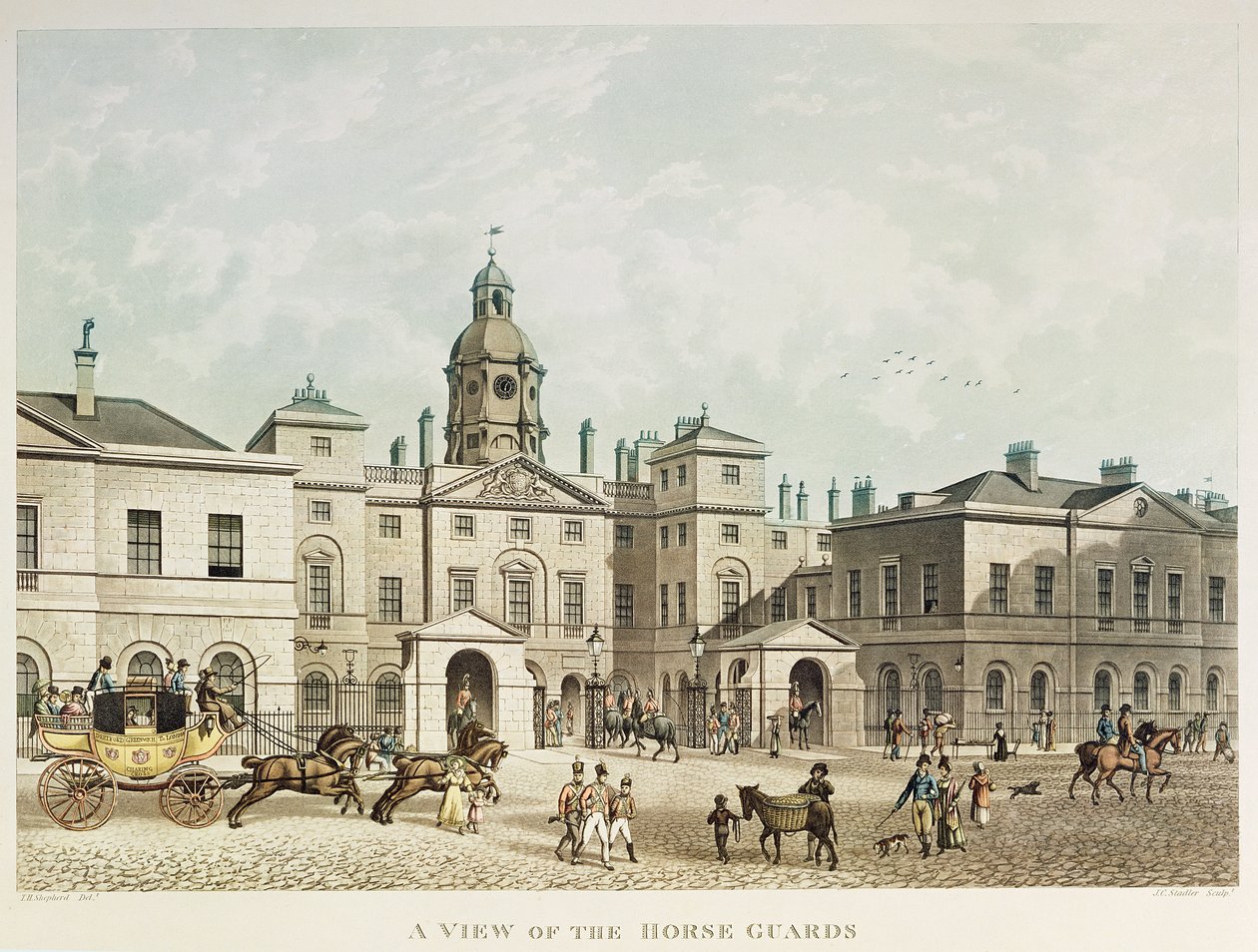 En vy av Horse Guards från Whitehall graverad av J.C Sadler av Thomas Hosmer Shepherd