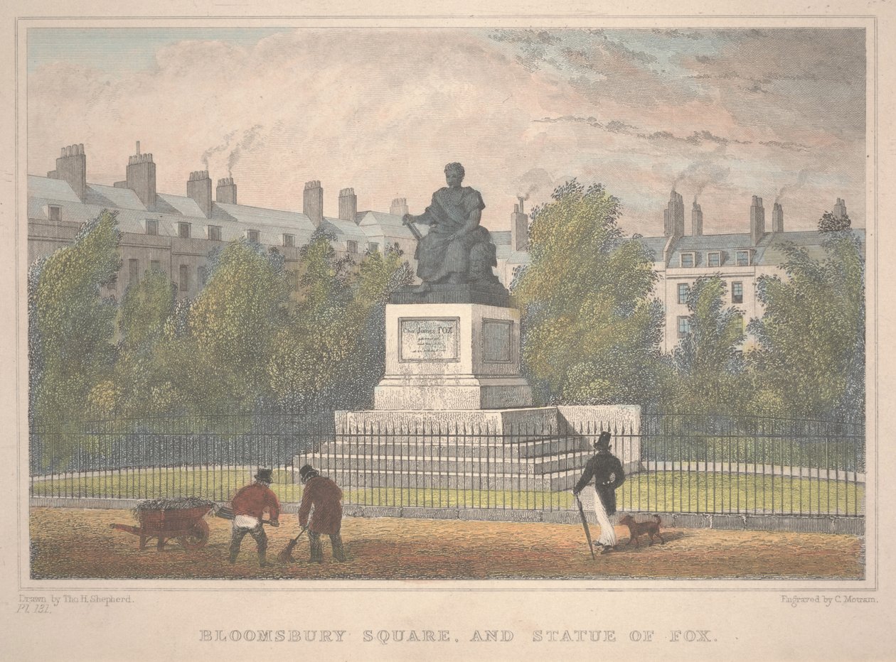 Bloomsbury Square med rävstatyn, graverad av Charles Mottram (1806-76) av Thomas Hosmer Shepherd
