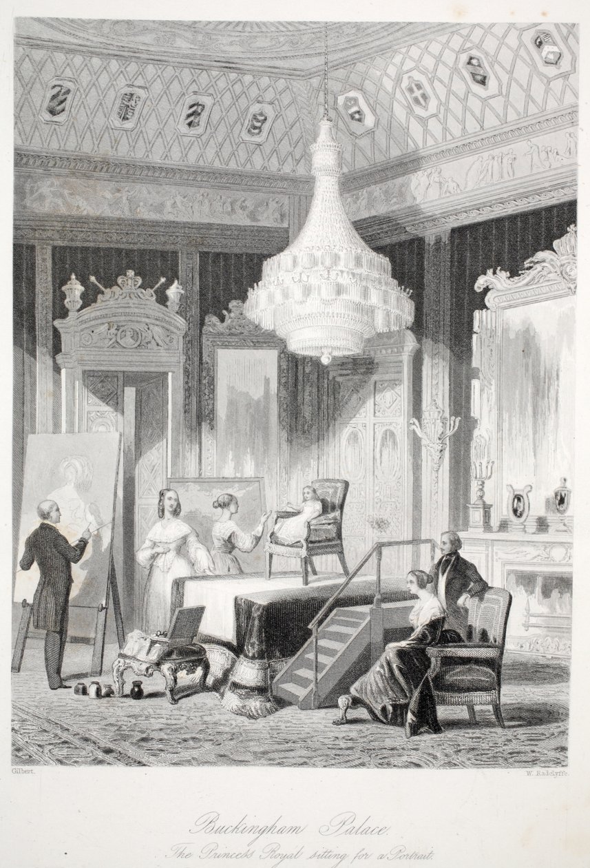 Buckingham Palace - The Princess Royal sitter för ett porträtt, från London Interiors med deras Costumes and Ceremonies pub. Joseph Mead, London, c.1843 stålgravyr av Thomas Hosmer Shepherd
