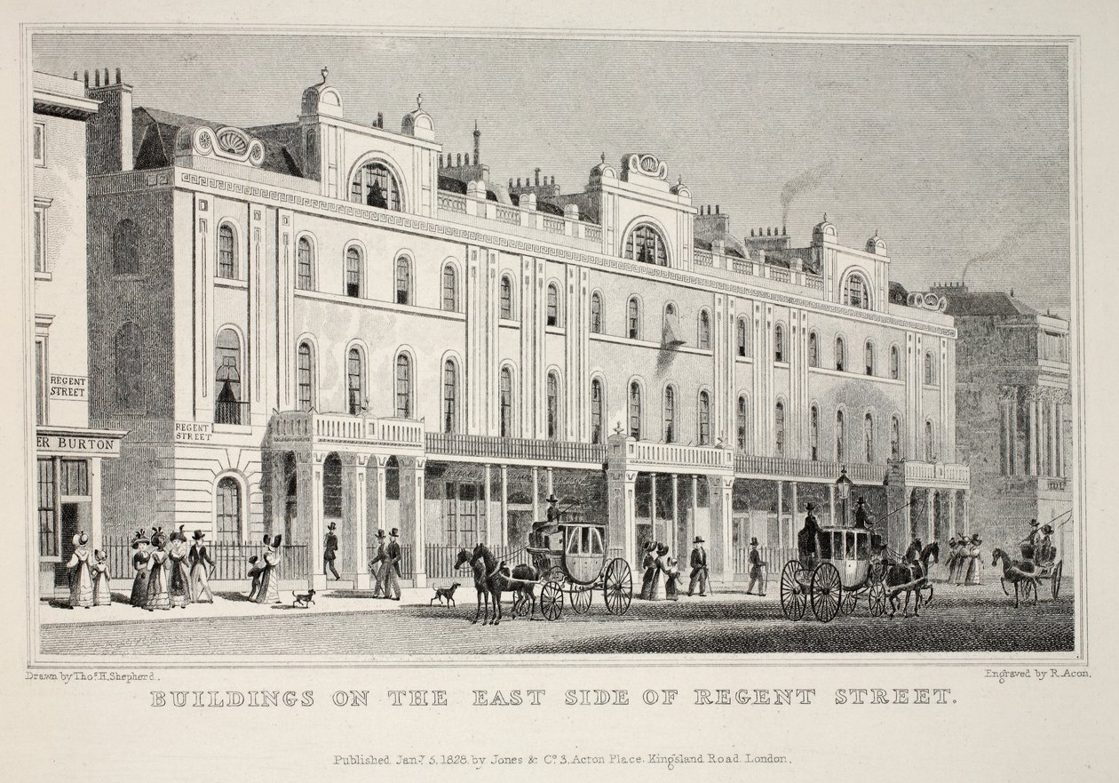 Byggnader på östra sidan av Regent Street, från puben "London and it