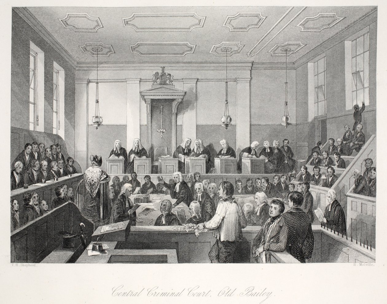 Central Criminal Court på Old Bailey, från puben "London Interiors with their Costumes and Ceremonies". Joseph Mead, London, ca 1843 (stålgravyr) av Thomas Hosmer Shepherd