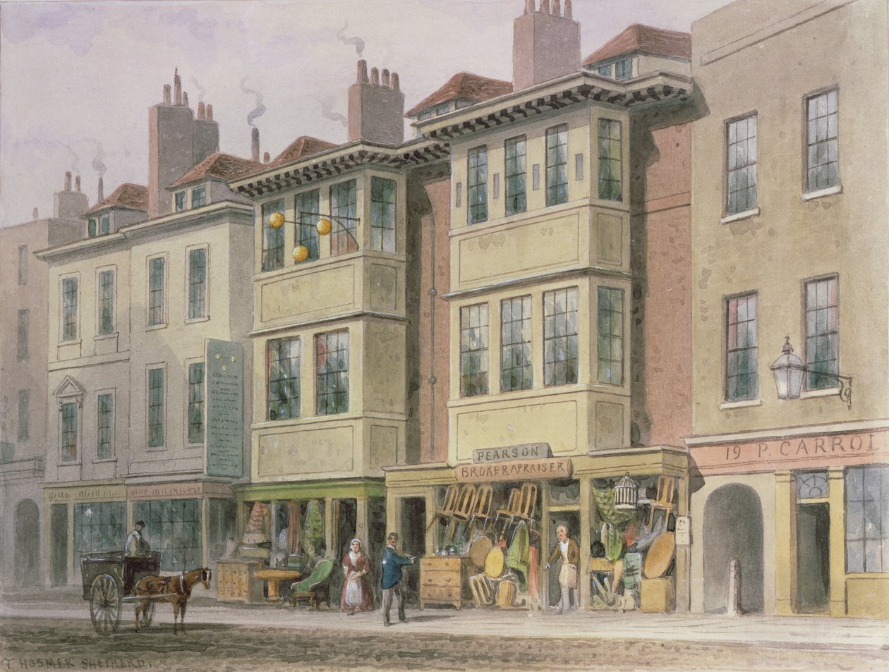 Crace XXVII-134 Gamla hus på östra sidan av Grays Inn Lane, med utsikt norrut från Holborn. av Thomas Hosmer Shepherd