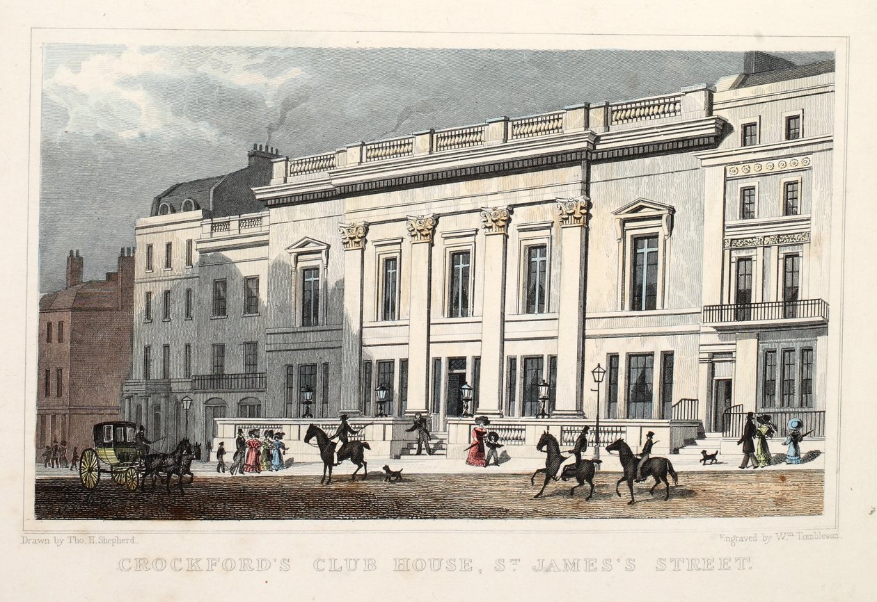 Crockfords Club House, St. James Street. Pub. 1828 (handfärgad gravyr) av Thomas Hosmer Shepherd