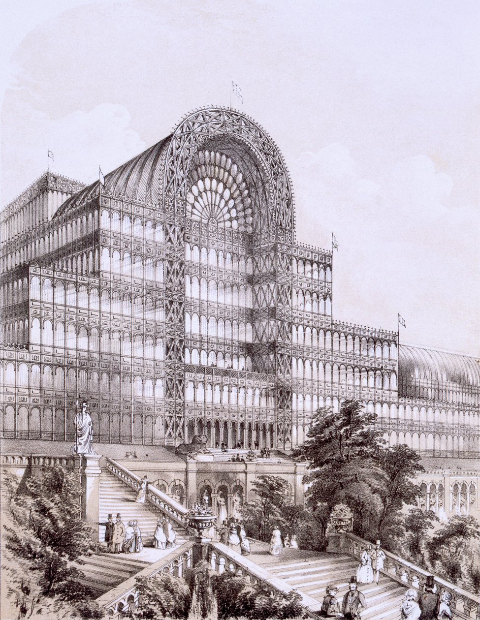 Crystal Palace vid Sydenham, framsidan av det stora tvärskeppet, c.1851-55 av Thomas Hosmer Shepherd