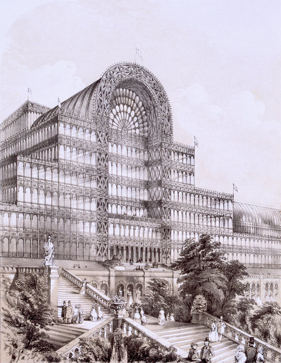 Crystal Palace vid Sydenham, framsidan av det stora tvärskeppet, c1854. av Thomas Hosmer Shepherd