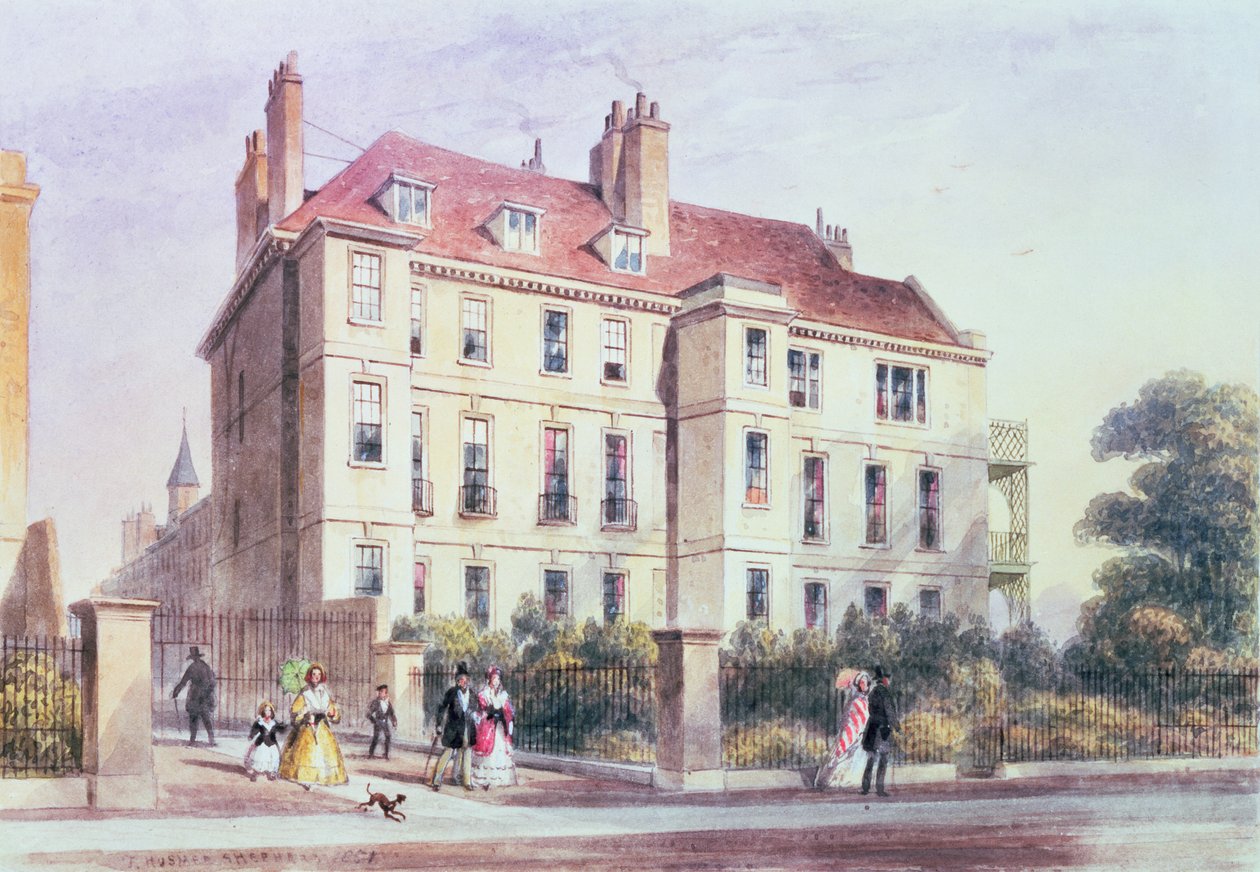 Ingång till Queen Square från parken, med utsikt över Jeremy Benthams hus av Thomas Hosmer Shepherd