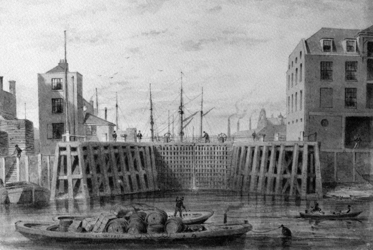Entré till Limehouse Dock, 1850 (penna, bläck och tvätt på papper) av Thomas Hosmer Shepherd