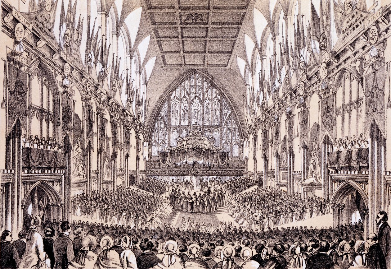 Interiör i Guildhall - Borgmästaren och borgmästaren och Corporation presenterar sitt tal till Frankrikes kejsare och kejsarinna, 19 april 1855 av Thomas Hosmer Shepherd