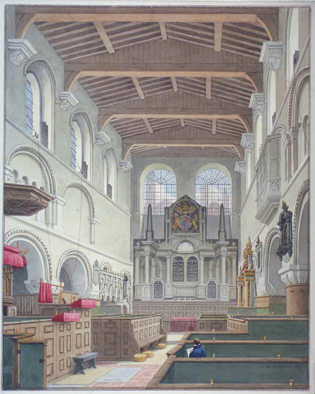 Interiörvy av Church of St Bartholomew-the-Great, Smithfield, City of London, 1821. av Thomas Hosmer Shepherd