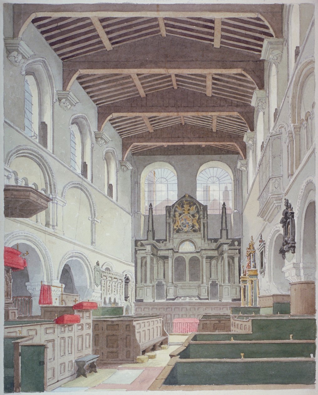 Interiörvy av Church of St Bartholomew-the-Great, Smithfield, City of London, 1821. av Thomas Hosmer Shepherd