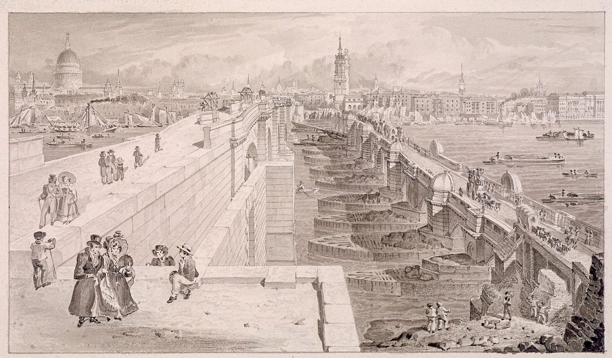 London Bridge gammal och ny, London, 1831 av Thomas Hosmer Shepherd
