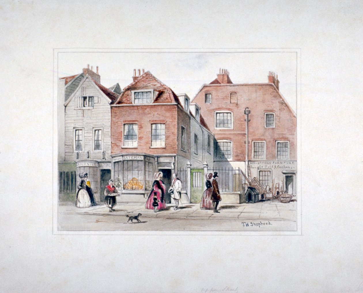 Mr Upcotts hus och figurer på Upper Street, Islington, London, c1835. av Thomas Hosmer Shepherd