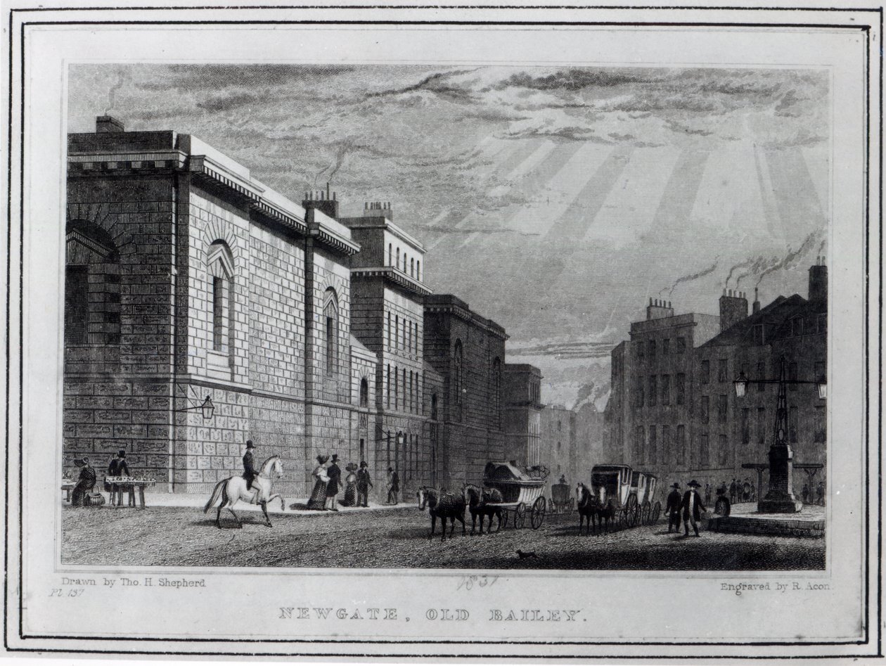 Newgate fängelse och Old Bailey, graverad av Robert Acon, 1831 av Thomas Hosmer Shepherd