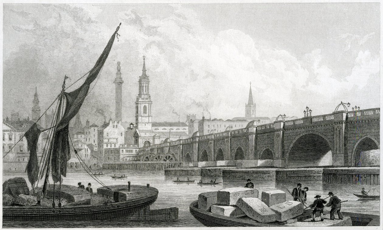 Old London Bridge, från Southwark, 1829 av Thomas Hosmer Shepherd