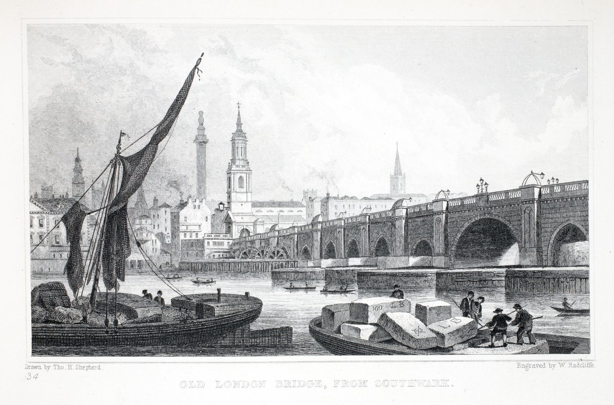 Old London Bridge, från Southwark, från puben "London and it