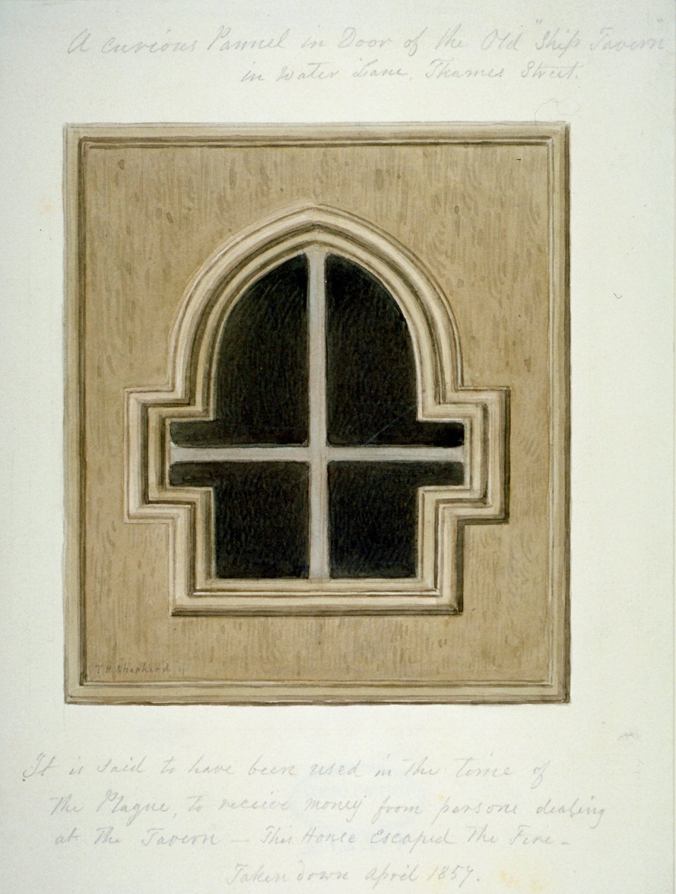 Panel i dörren till Ship Tavern, Water Lane, City of London, 1857. av Thomas Hosmer Shepherd