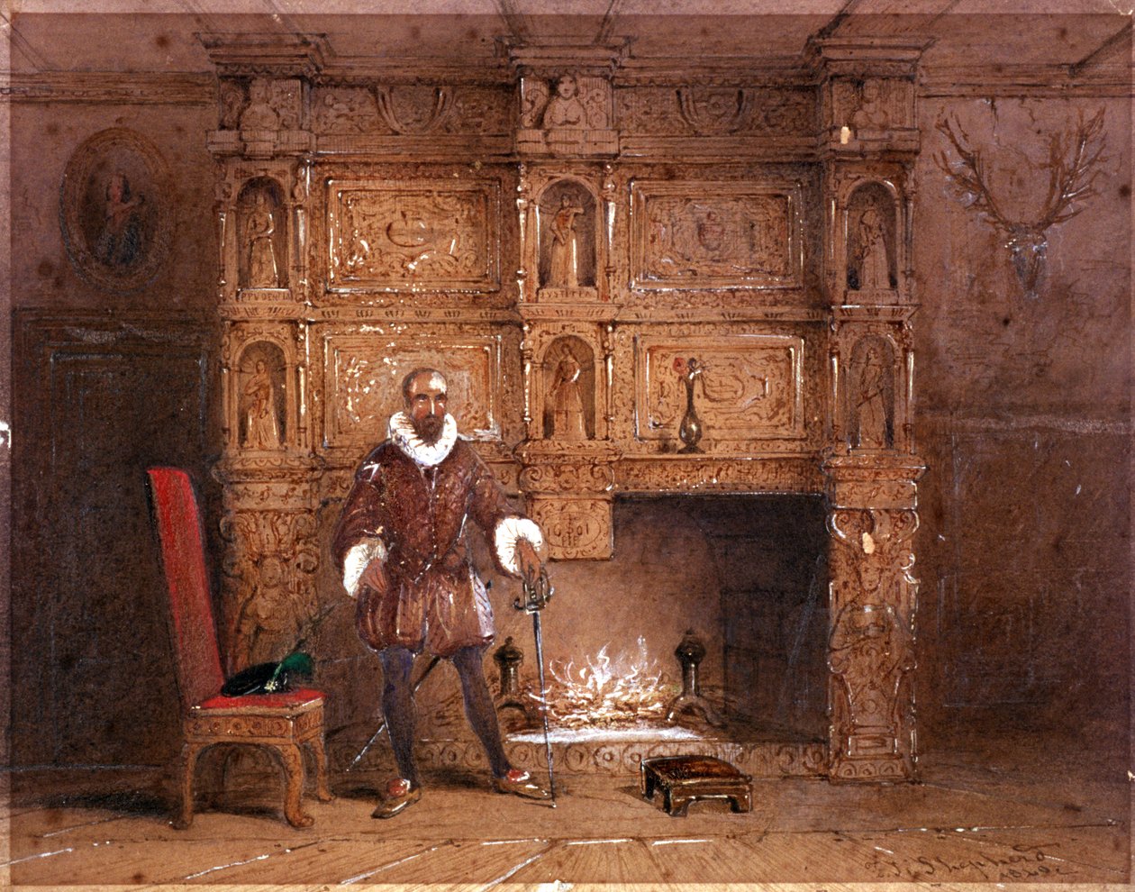 Möjligen Sir John Spencer i Canonbury House, eller Sir Walter Raleigh i Old Pied Bull Inn, 1849 av Thomas Hosmer Shepherd