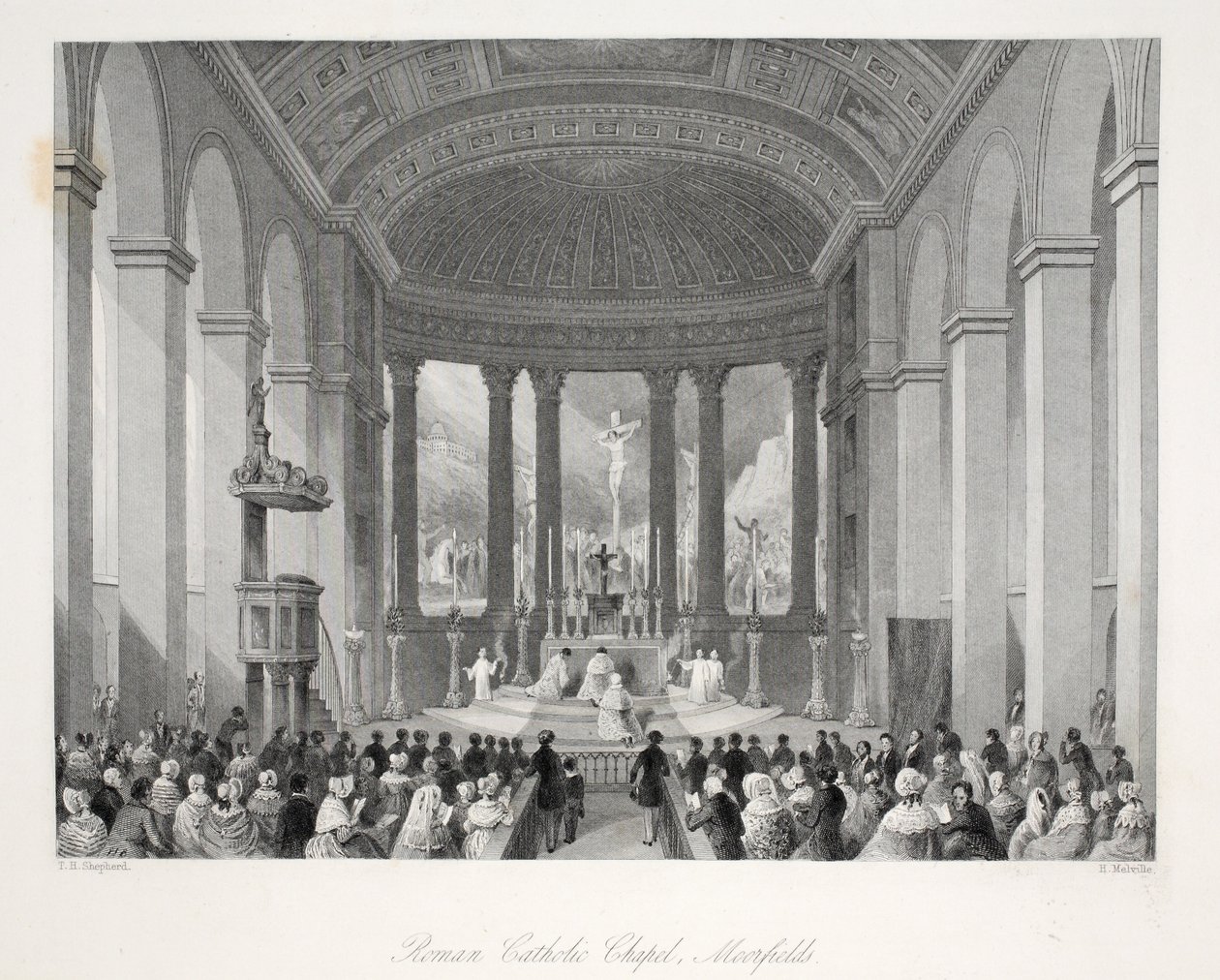 Roman Catholic Chapel, Moorfields, från "London Interiors with their Costumes and Ceremonies" pub. Joseph Mead, London, ca 1843 (stålgravyr). av Thomas Hosmer Shepherd