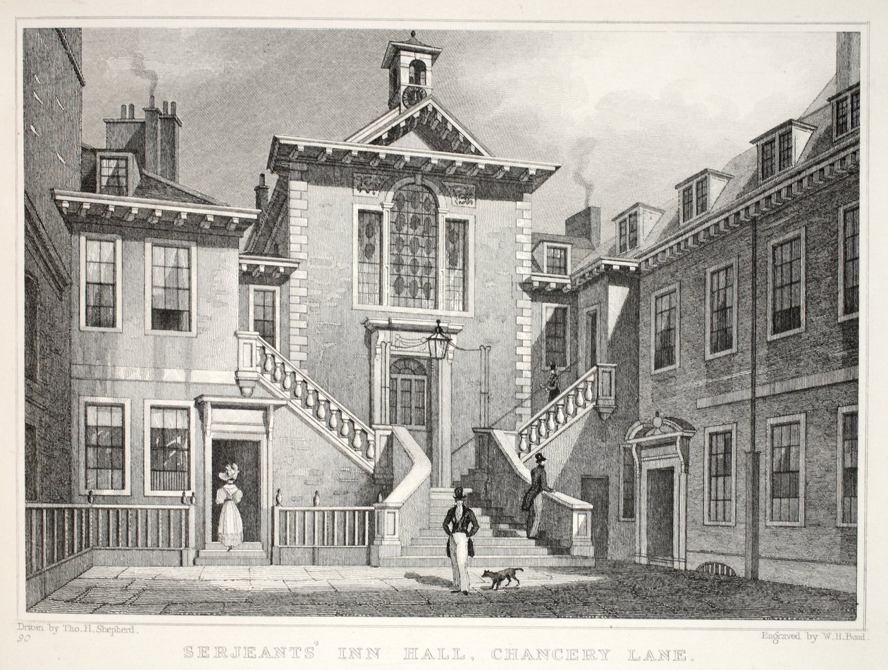 Serjeants Inn, Chancery Lane, från puben "London and its Environs in the Nineteenth Century". Jones und Co., 1827-1829 av Thomas Hosmer Shepherd