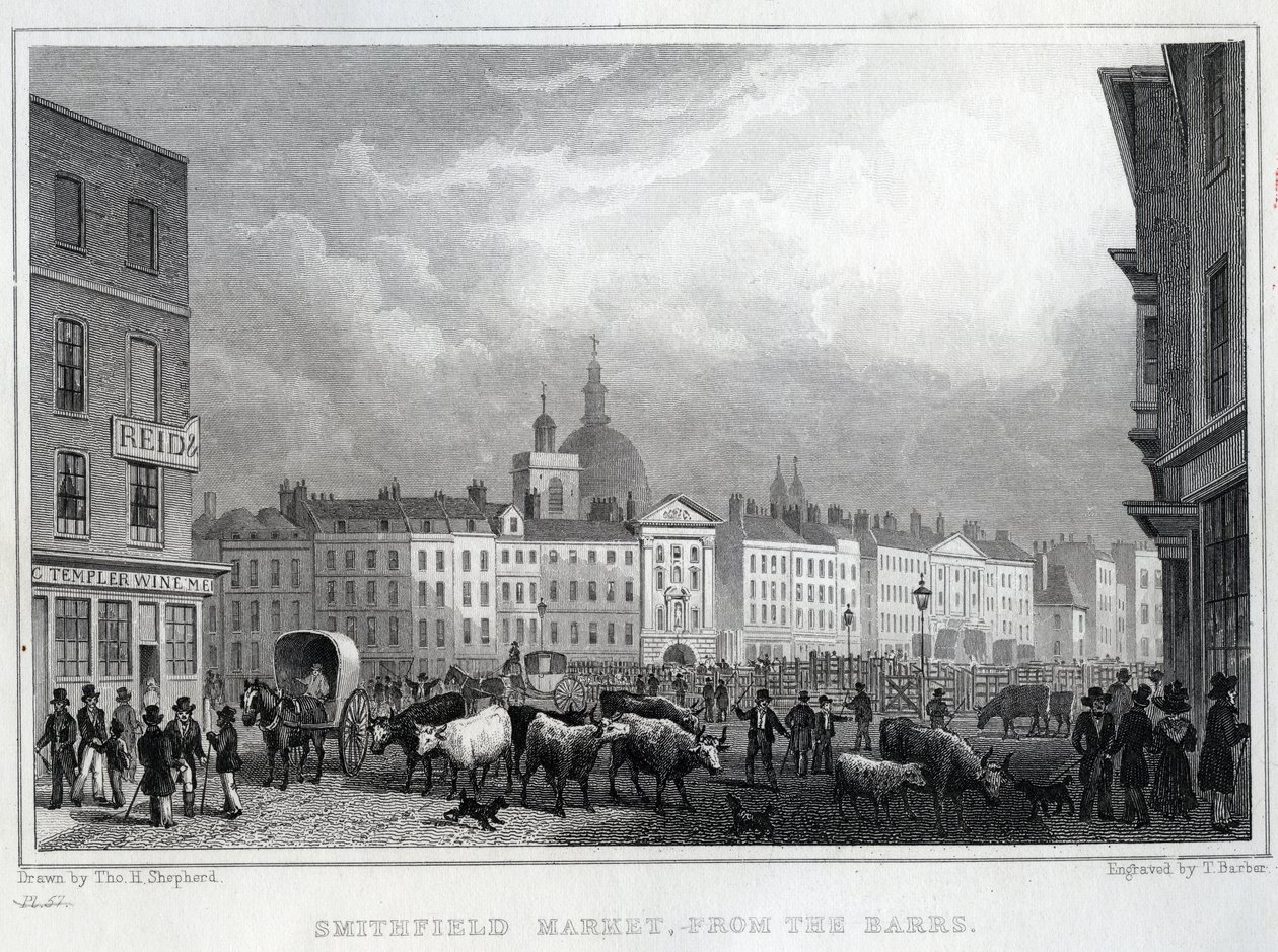 Smithfield Market från Barrs, graverad av Thomas Barber, ca 1830 av Thomas Hosmer Shepherd