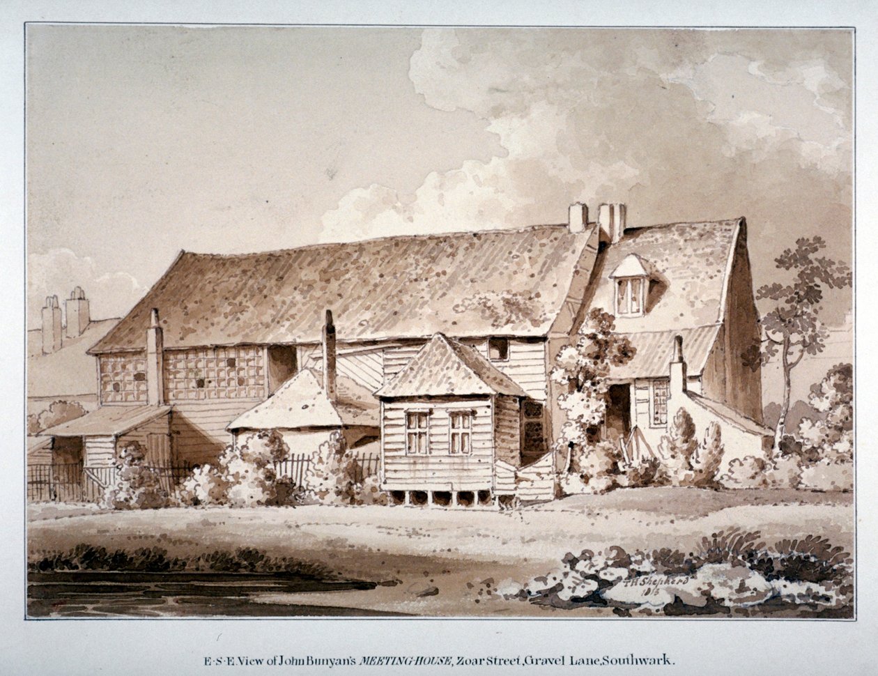 Sydostvy av John Bunyans möteshus, Zoar Street, Southwark, London, 1813 av Thomas Hosmer Shepherd