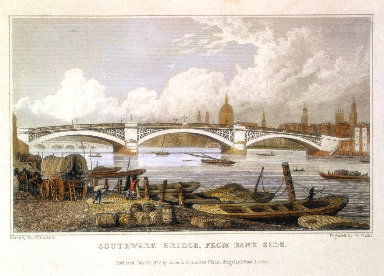 Southwark Bridge från Bank Side, London, 1817 av Thomas Hosmer Shepherd