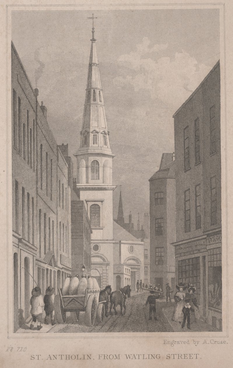 St. Antholin, från Watling Street, graverad av A. Cruse, ca 1830 (gravyr) av Thomas Hosmer Shepherd