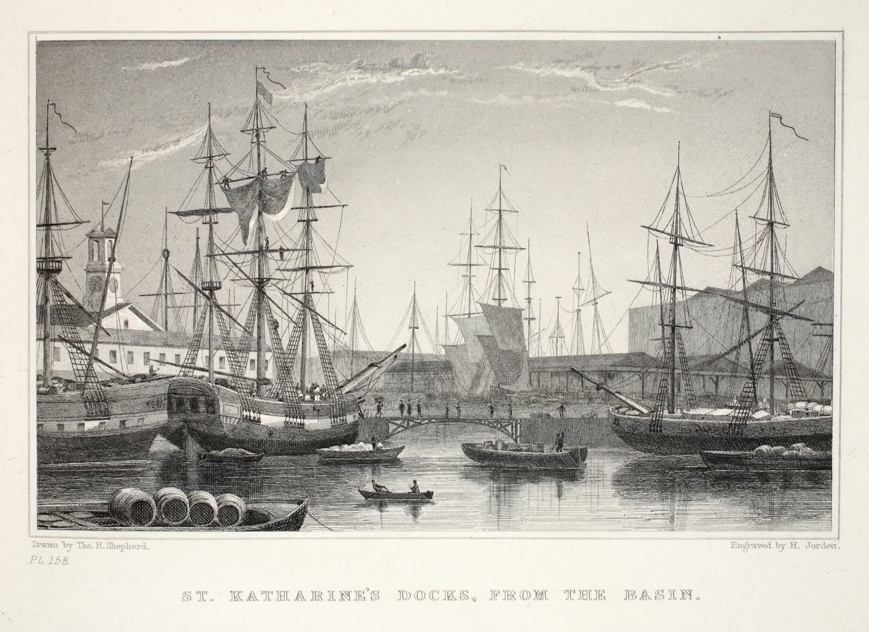St Katherine Docks, från bassängen, Tower, från London och dess omgivningar i en pub på 1800-talet. Jones und Co., 1827-1829 av Thomas Hosmer Shepherd
