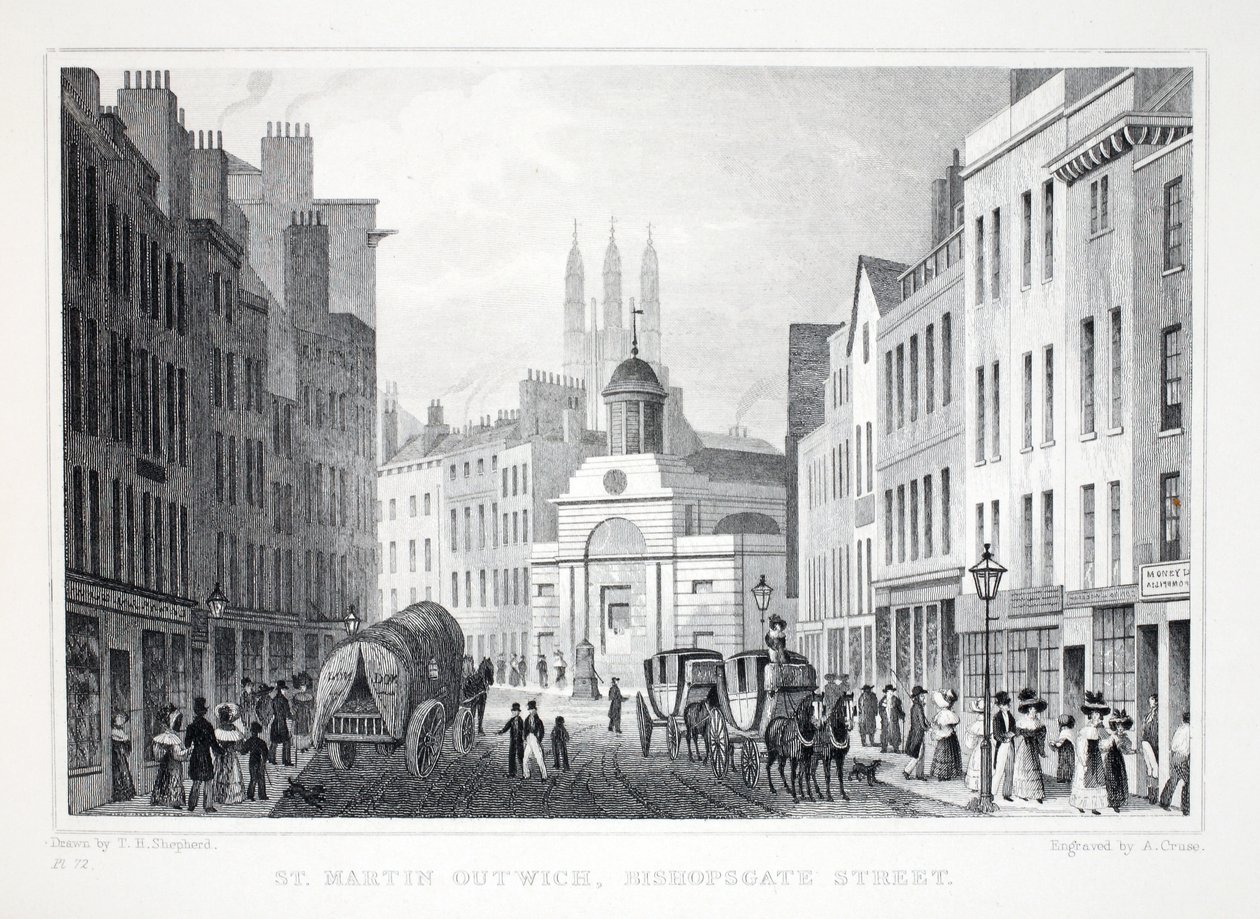 St Martin Outwich, Bishopsgate Street, från London och dess omgivningar i puben från artonhundratalet. Jones und Co., 1827-1829 av Thomas Hosmer Shepherd