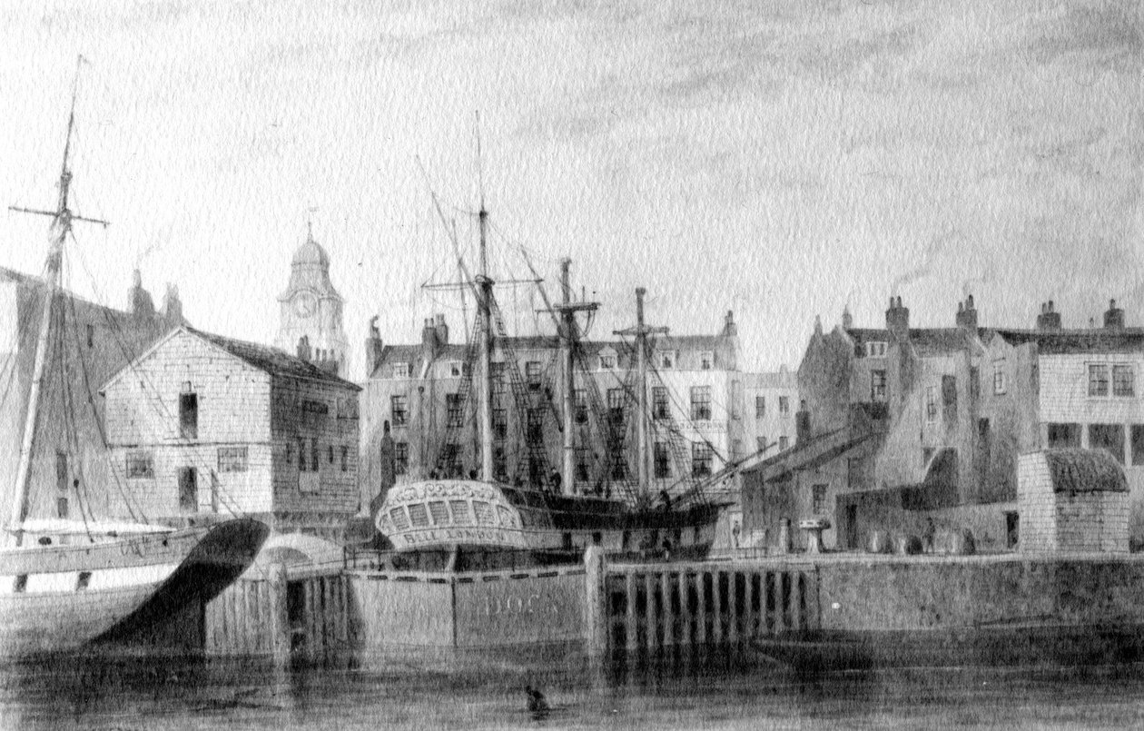 The Gun Dock at Wapping, 1850 (penna, bläck och tvätt på papper) av Thomas Hosmer Shepherd