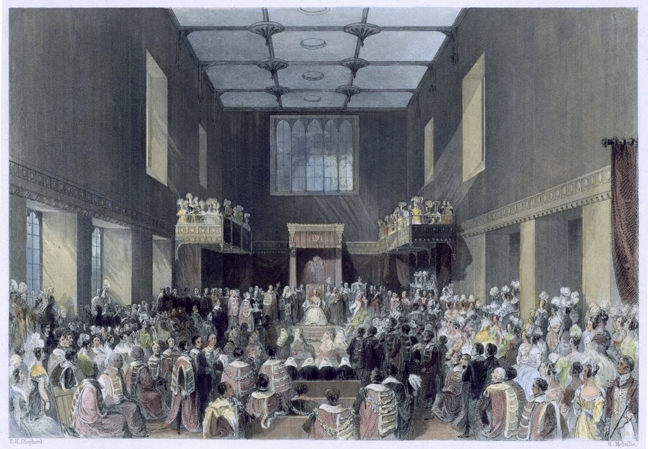 Överhuset, Hennes Majestät öppnar parlamentets session, graverad av Henry Melville (fl.1826-41), ca 1840 av Thomas Hosmer Shepherd