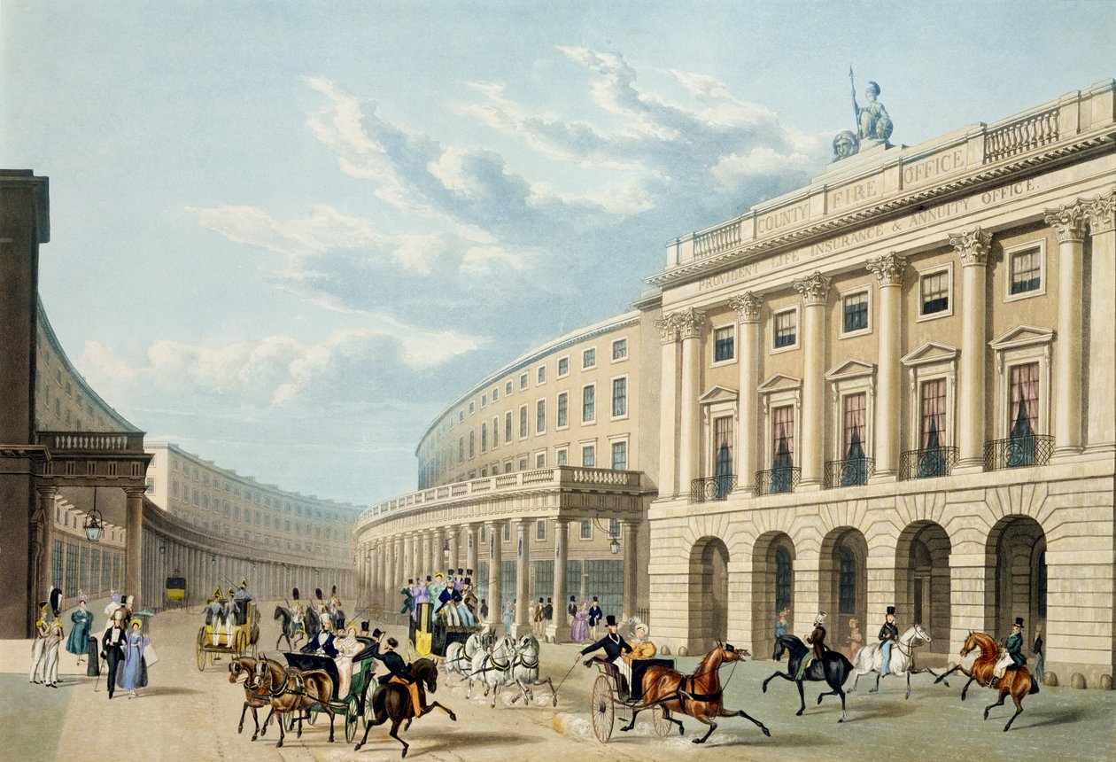 The Quadrant, Regent Street, från Piccadilly Circus, utgiven av Ackermann, ca 1835-50 (färgad akvatint) (se även 105298) av Thomas Hosmer Shepherd