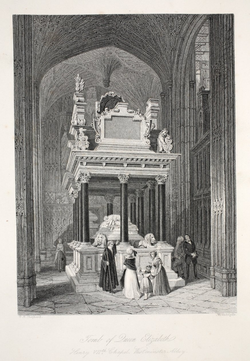 Drottning Elizabeth I:s grav, från "London Interiors with their Costumes and Ceremonies" pub. Joseph Mead, London, ca 1843 (stålgravyr). av Thomas Hosmer Shepherd