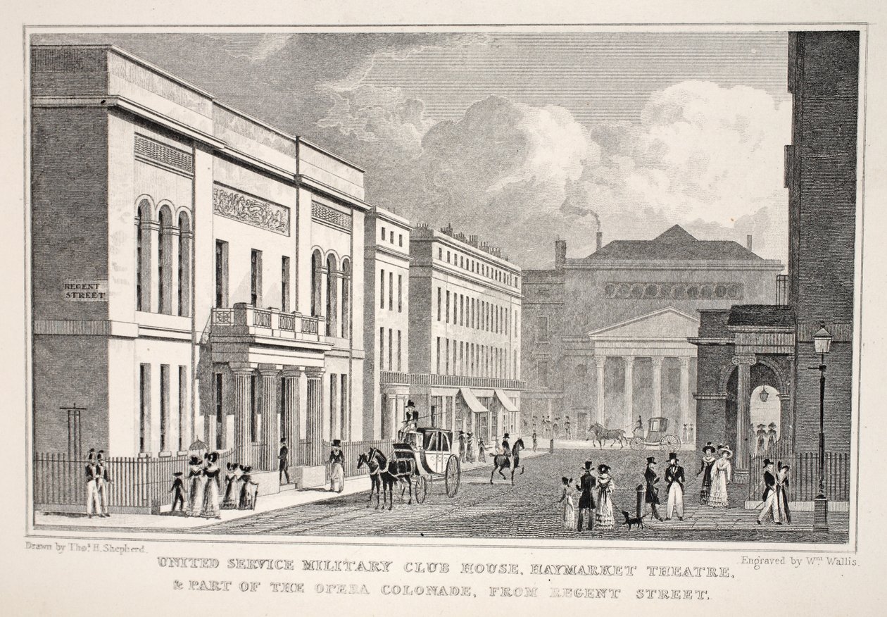 United Service Military Club House, Haymarket Theatre och en del av Opera Colonnade från Regent Street, från puben "London and it