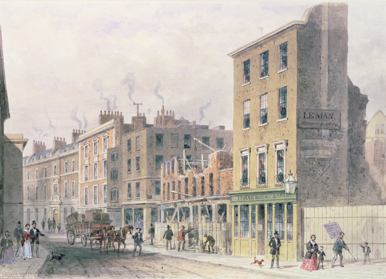 Se på Threadneedle Street, dra ner för förbättringar, Merchant Taylors, Hall eller Alderman Moon Print Shop i hörnet av Finch Lane av Thomas Hosmer Shepherd